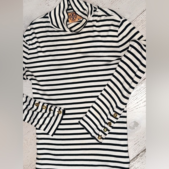 Tory Burch Stripe Turtleneck medium button cuffs long length black cream - Picture 2 of 16